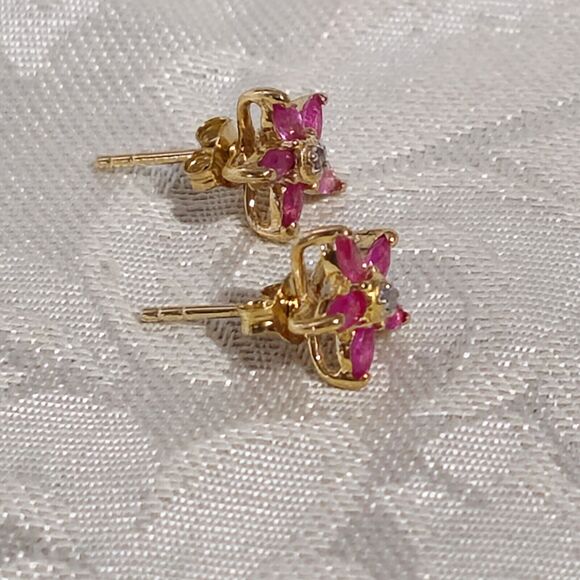 Fine Ruby Diamond Flower Designer Earrings 18K Yellow Gold Over Sterling Silver - Picture 5 of 11